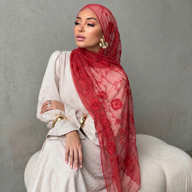 Floral Embroidery Muslim Hijab - Embroidery Print 评论和价格