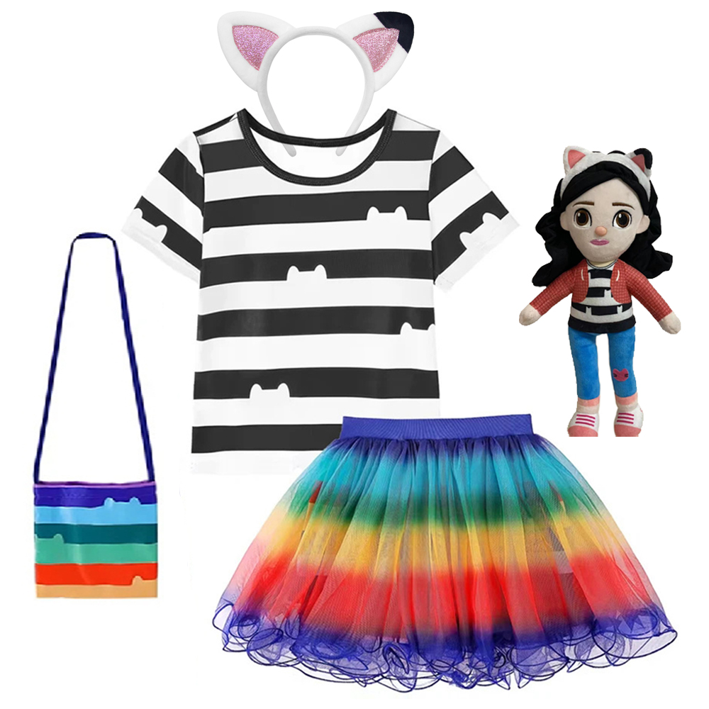 Embroidery Cat - Children Skirt Sets Rainbow Striped Girls