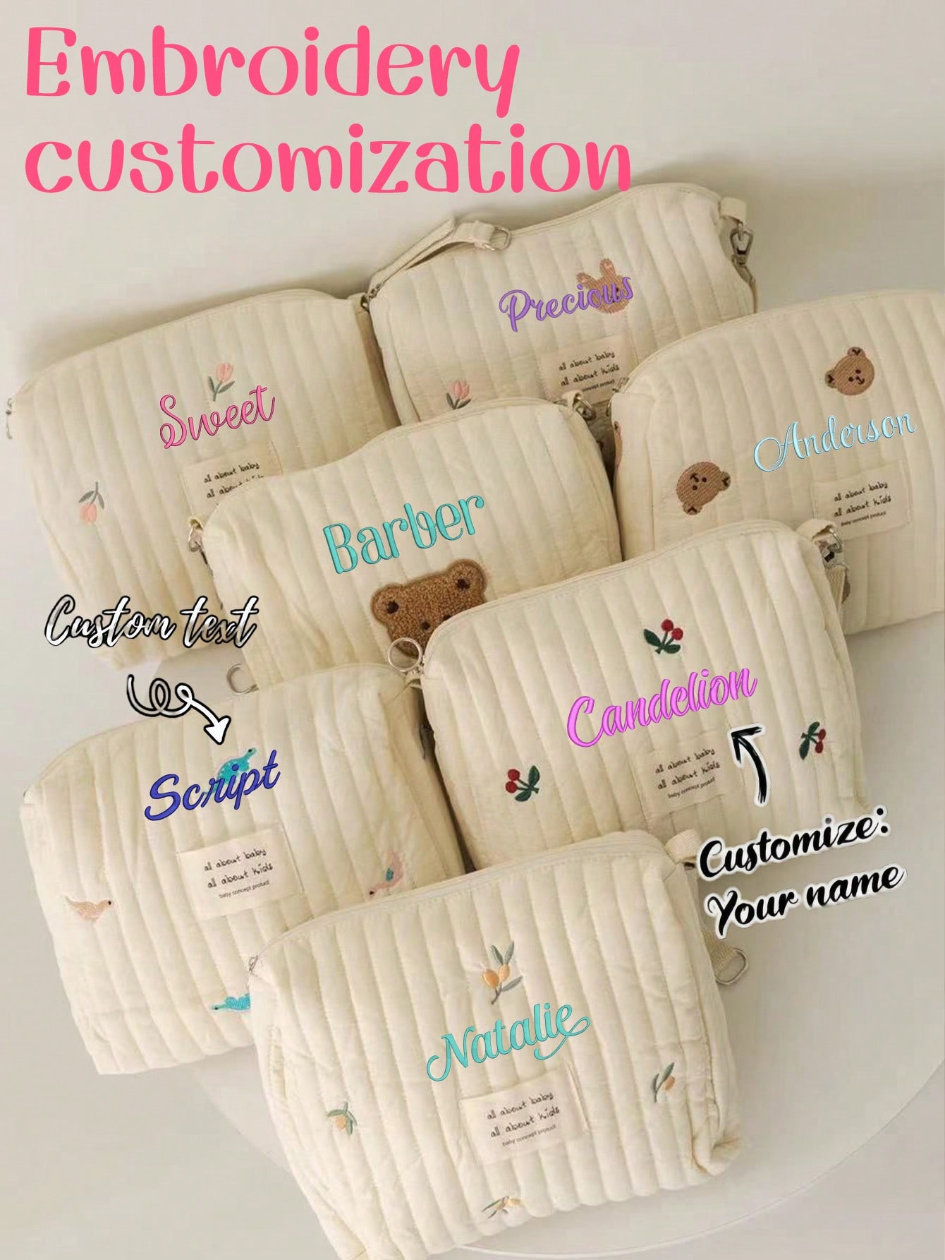 Embroidery Quilting - Custom Name Embroidery Baby Diaper Bag