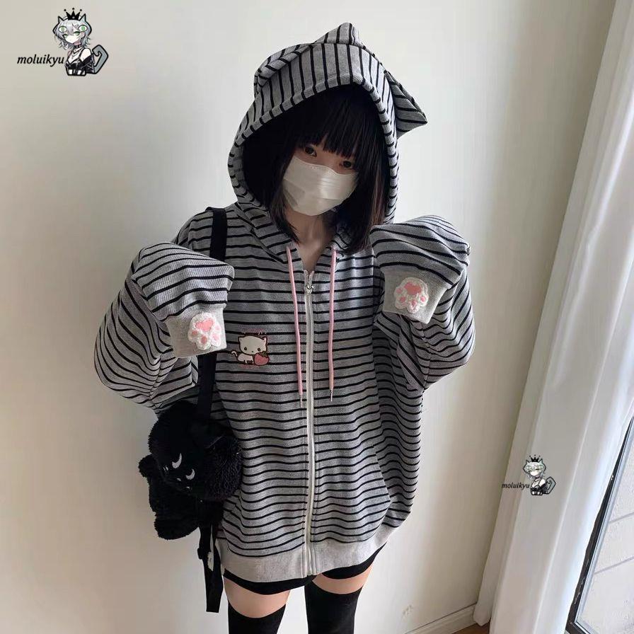 Y2K Women Striped Zip Up Jacke - Embroidery Cat 评论和价格