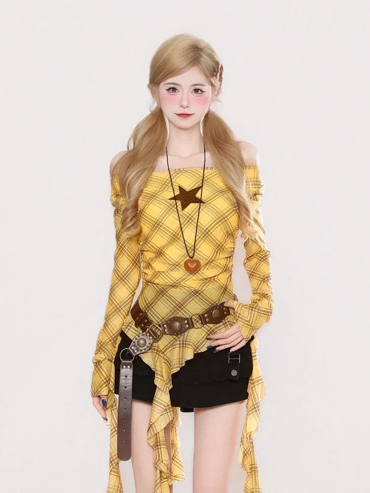 Y2K Plaid Slash Neck Vintage T - Embroidery Tshirt 评论和价格