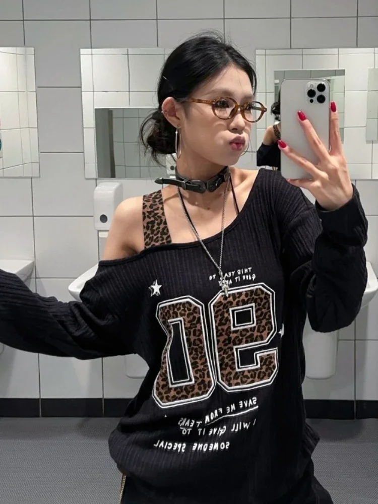 Y2K Patchwork Leopard Print T- - Embroidery Tshirt 评论和价格