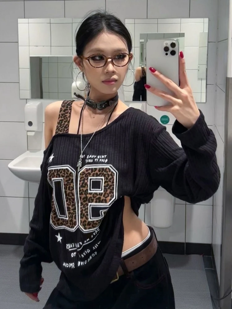Y2K Patchwork Leopard Print T- - Embroidery Tshirt 评论和价格