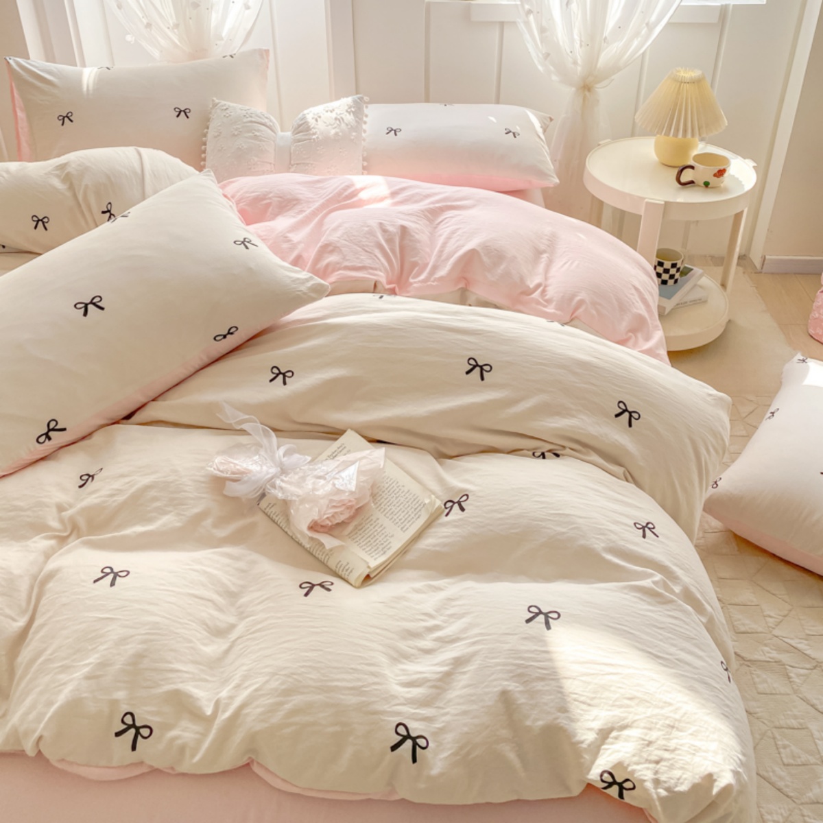 3 Piece Sheet Set  pink bowkno - Embroidery Quilt Cover 评论和价格