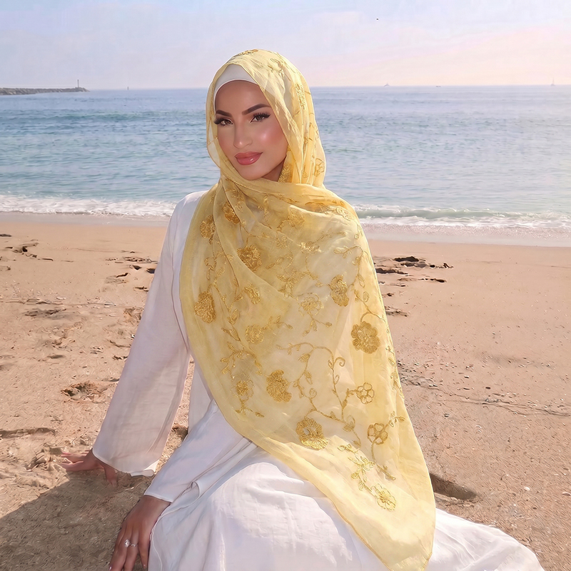 Floral Embroidery Muslim Hijab - Embroidery Print 评论和价格