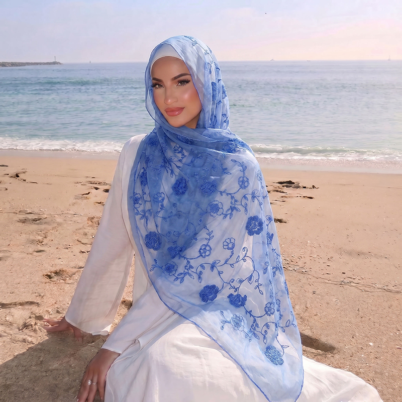 Floral Embroidery Muslim Hijab - Embroidery Print 评论和价格