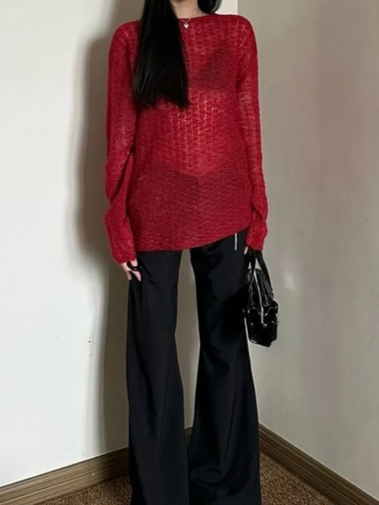 Y2K See-Through Knitted Women' - Embroidery Tshirt 评论和价格